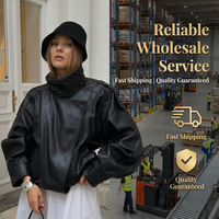 ZEVITY Nouvelle Arrivée Blouson Bomber Femme Court Uni Noir Zippé en Similicuir Coupe Oversize Veste d'extérieur Manteau