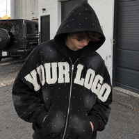 Sweat à capuche zippé pour homme, 450 GSM, grammage lourd, effet vintage délavé et vieilli, avec appliqué et strass, coupe oversize, style streetwear