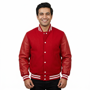 New Arrival Embroidered Chenille Patches <b>Jacket</b> Wool Genuine <b>Leather</b> Sleeves Letterman Baseball CollegeBaseballjacket for <b>men</b> - Product Image 1