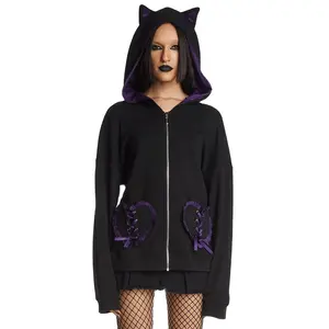 New Arrival Hot Selling Custom Cat Ear Bell Sleeves Zip Up Hoodies Ruffled Heart Shaped Lace Up Pockets 3D Patchwork Sweatshirt