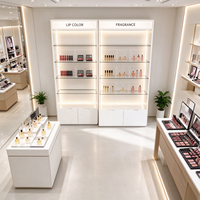Présentoir à maquillage avec cadre blanc et or, étagères en verre, signalisation LED, base verrouillable, kiosque d'exposition de cosmétiques, CE ETL pour salon de beauté