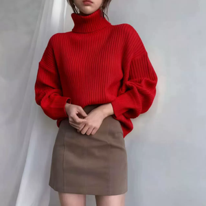 Pull col roulé rouge pour femme, manches lanternes, tricot côtelé épais en acrylique, hiver, décontracté, couleur unie, manches longues - Product Image 4