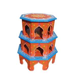 Peinture à la main à huit côtés décoratifs Pooja Chowki en laiton ensemble de 3 Chowki pour Temple à la maison - Product Image 1