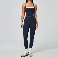 Ensemble de yoga 2 pièces OEM avec logo personnalisé pour femme : Leggings extensibles effet push-up et débardeur court dos croisé avec bordure contrastante