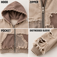 Sweat-shirt à capuche zippé intégral pour homme, personnalisé, délavé, vieilli, patchwork, avec étiquette tissée, pour marque streetwear, vente en gros de vêtements
