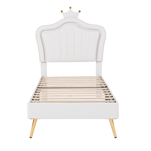 Twin Size Upholstered <b>Bed</b> Frame with <b>LED</b> Lights, Modern Upholstered Princess <b>Bed</b> With Crown Headboard - Product Image 4