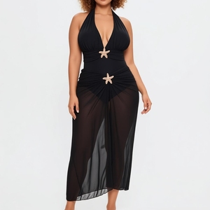 Traje de Baño de Una Pieza con Cuello Halter y Escote Profundo <span class=keywords><strong>en</strong></span> V para Mujer, con Decoración de Estrella de Mar y Pareo de Malla, Conjunto de 2 Piezas, Moda Sehe - Product Image 3