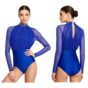 Justaucorps pour femmes à manches longues, col montant, en maille, orné de strass et froncé, pour la danse, le ballet, la gymnastique, les spectacles et les costumes de scène, personnalisable - Product Image 2