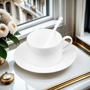 White Ceramic Coffee <b>Cup</b> <b>Set</b> With Saucer Heat Resistant For Afternoon Tea Hotel Use Solid Color Chaozhou Origin - Product Image 1