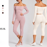 YIYI Conjunto de Yoga de 2 Piezas: Camiseta de Manga Larga sin Espalda con Hombro Descubierto y Leggings Capri de Cintura Alta para Fitness y Gimnasio