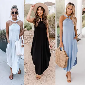 Women's Summer Casual Cross Sundress Sleeveless Split Maxi Length Long Beach Dress with Pockets (D4543XH)