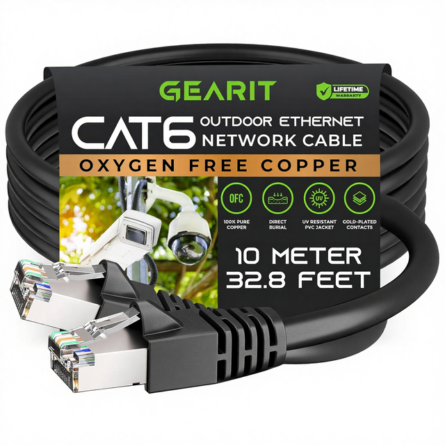 GEARit Cat6 Outdoor Ethernet Cable (10m) 23AWG Pure Copper FTP LLDPE Waterproof Direct-Burial In-Ground UV Resistant POE RJ45