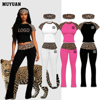 Set Pakaian Wanita 2 Potong Lengan Pendek Raglan Motif Leopard Trendi Celana Bahan Katun Spandex Santai untuk Musim Gugur dengan Logo Kustom