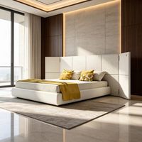 Italienisches Lederbett mit hohem Flügelkopfteil, weiches Bett, modernes Villenschlafzimmer, Kingsize-Stoffbettgestell, hohes Heimbett