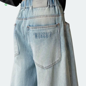 Jeans de Mezclilla Casuales de Corte Recto, Color Azul Claro Lavado, Estilo Vintage para Adolescentes y Adultos, Primavera 2026, Cintura Media, con Bordado - Product Image 2