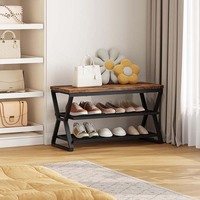 Banc de rangement multifonctionnel moderne de luxe à trois niveaux en métal et bois avec étagère longue pour chaussures, idéal pour le salon