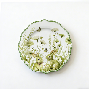Assiette en porcelaine New Bone China, motif <span class=keywords><strong>Prairie</strong></span> <span class=keywords><strong>Verte</strong></span> de Pâques, avec lapin et fleurs sauvages de printemps - Product Image 1