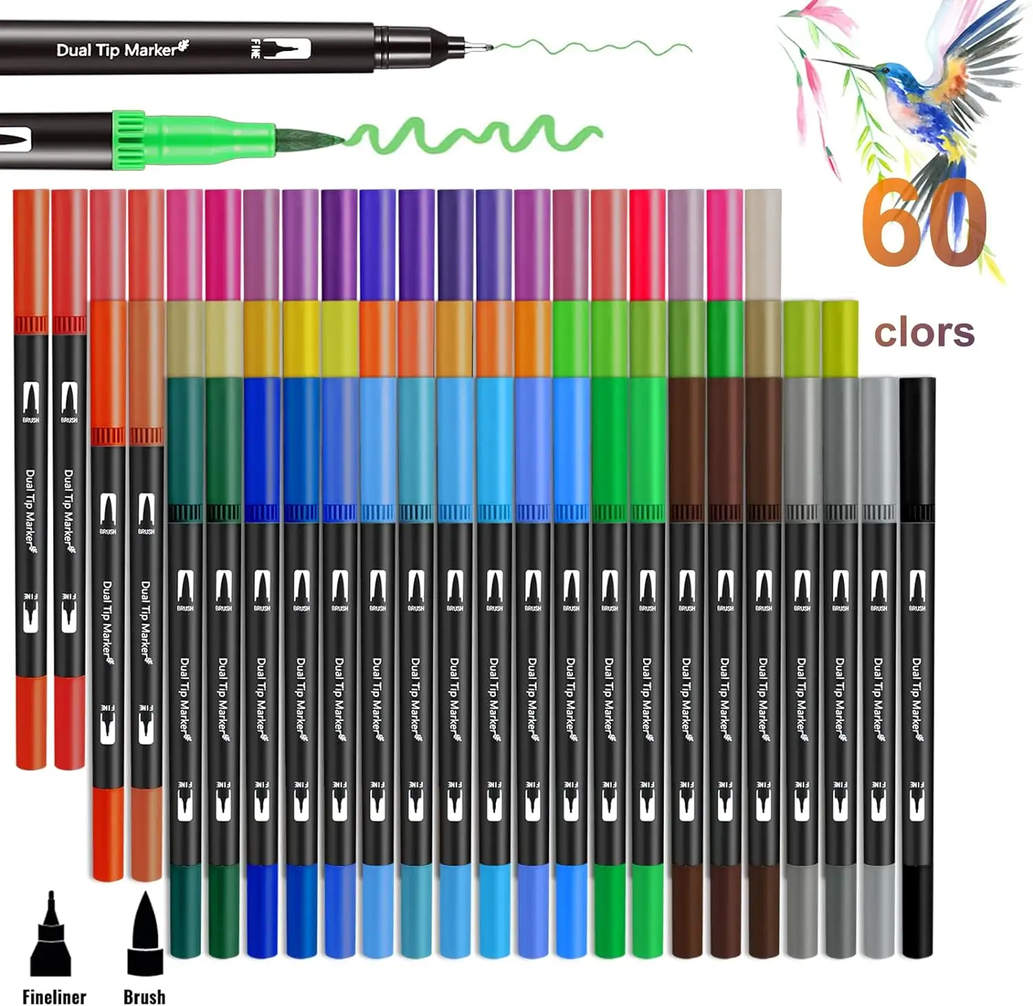 60色水性ブラシマーカー、デュアルチップ描画ブラシファインライナーカラーペン塗り絵弾丸アートサプライギフト