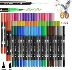 60 צבעים סמנים מברשת על בסיס מים, טיפים כפולים ציור מברשת פינליינר צבעים עבור צביעה ספר כדור אמנות אספקת מתנה