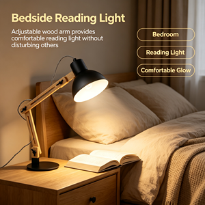 Lampada da Tavolo Industriale in Legno con Braccio Regolabile, Paralume in Metallo Nero per Studio, Ufficio, Lettura, Camera da Letto - Product Image 1