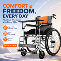 Fauteuil roulant manuel pliable en aluminium portable avec roues pleines de 24 pouces, coussin de siège respirant en Oxford, frein à main et table pour personnes âgées et handicapées