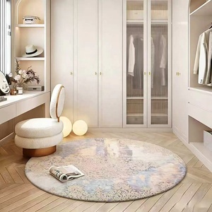 Alfombra redonda decorativa de estilo francés en crema, rosa y morado con textura mixta para salón de belleza, peluquería, recepción y sala de espera. - Product Image 5
