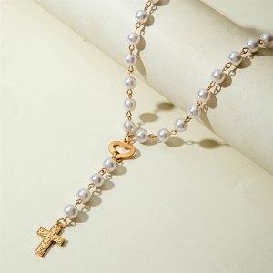 Collana <span class=keywords><strong>con</strong></span> Ciondolo a Croce <span class=keywords><strong>con</strong></span> Perle in Stile Europeo e Americano, Elegante e alla Moda. Presenta una lunga testa - Product Image 3