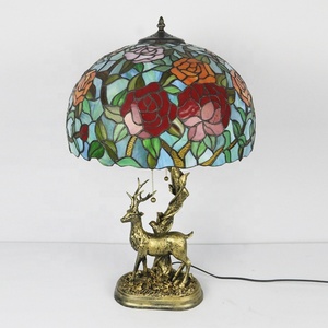 LongHuiJing European 16Inch Tiffany Dome <b>Table</b> <b>Lamp</b> with Rose Flower Stained Glass Lampshade and Deer Resin <b>Base</b> AC LED 2700K - Product Image 4