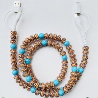 Câble de charge rapide pour téléphone portable 4-en-1 USB avec perles turquoise et imprimé léopard pour les fêtes