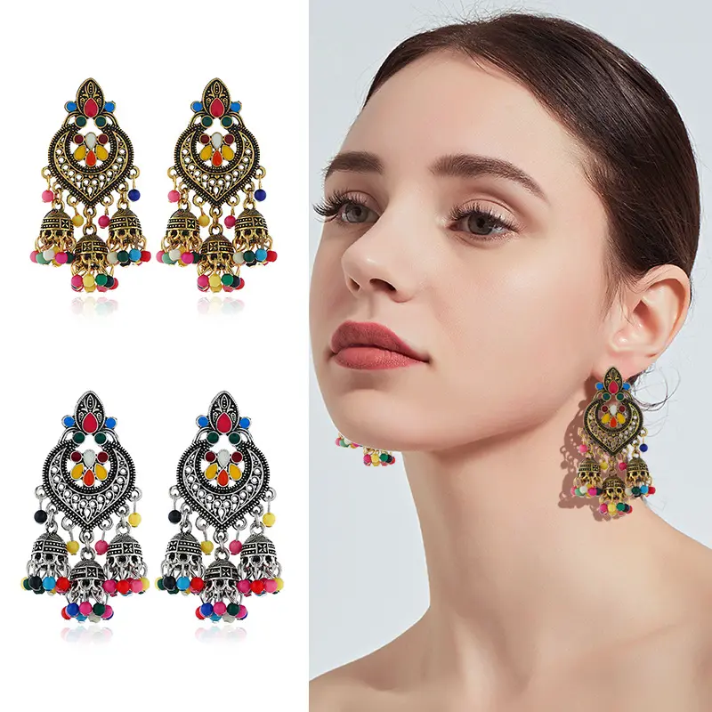 2020 Fashion Retro Indian Oxidized Silver Beads Chandelier Tassel Earring Silver Bohemia Polki Jhumki Jhumka Earrings For Women