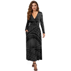 Vestidos Maxi Negros Ajustados a la Cintura con Estampado de Tatuaje Tribal Polinesio de Alta Calidad Personalizados, Elegantes para Mujer, MOQ1 - Product Image 1
