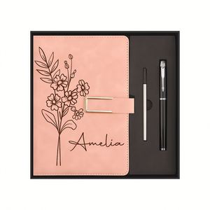 Carnet en cuir de luxe personnalisé pour femme, avec gravure laser du nom et fleur de naissance, ensemble journal et stylo assorti, promotionnel - Product Image 1