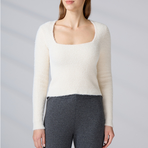 Fabricants de tricots sur mesure, pulls en tricot côtelé pour femmes, col carré blanc, manches longues, printemps-automne - Product Image 1