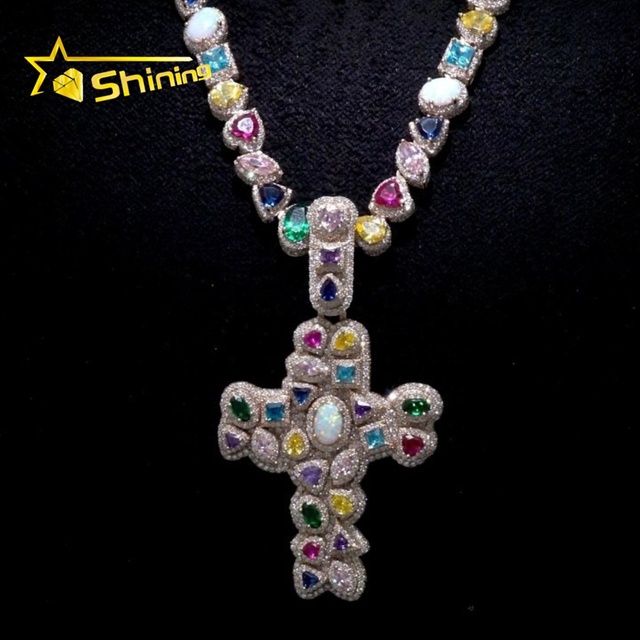 Trendy New Arrivals 2025 Fancy Cut Moissanite Fashion Sterling Silver Multi-Colored Gemstones Hip Hop 3D Cross Pendant Necklace