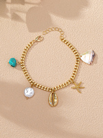 Bracelet Vintage Bleu Turquoise Pierre Coquillage Étoile de Mer Été Plage Style Charmes Bijoux pour Femmes Motif Fleur Bouddhiste