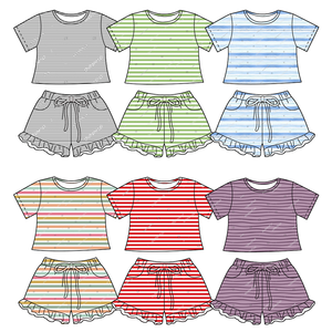 T-shirt a righe a maniche corte <span class=keywords><strong>per</strong></span> neonate e <span class=keywords><strong>pantaloncini</strong></span> con volant, set casual in 2 pezzi, abbigliamento traspirante <span class=keywords><strong>per</strong></span> le uscite quotidiane e il relax - Product Image 1