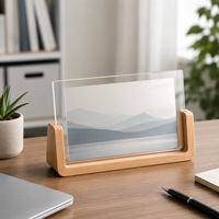 Cadre photo en acrylique transparent avec base en bois, support d'affichage d'images de bureau pour la décoration de la maison, le bureau et la présentation de cadeaux