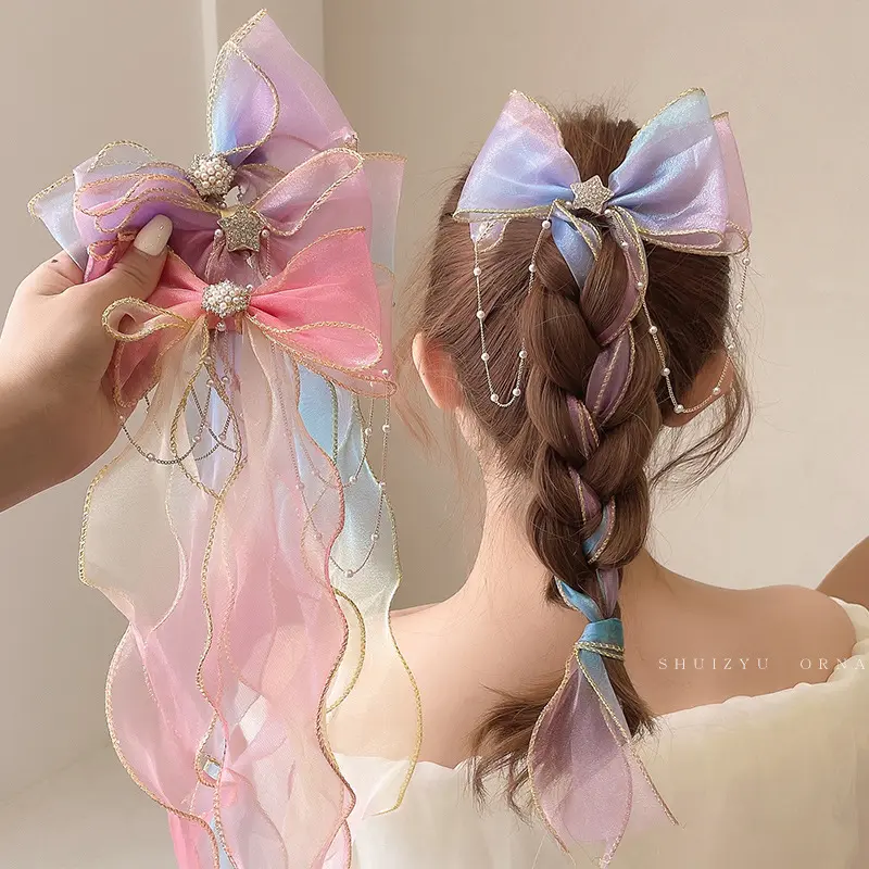 New Ribbon Braiding Princess Big Bow Kids Butterfly Hair Clips Women's Bow Hairpins Cute Girl Rainbow Colors Pearl Tassel Clips