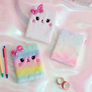 Cartoon <b>Cat</b> & Girl Printed Notebook Mini Cute Animal Soft Fur <b>Plush</b> Sewing Binding Children's Birthday Gift - Product Image 5