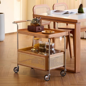 Mesa auxiliar de ruedas móviles de madera maciza con carro de almacenamiento de acero inoxidable, estante de ratán para sala de estar para organizar unidades de almacenamiento - Product Image 2