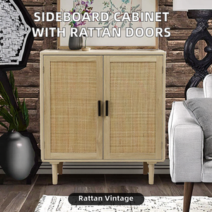 Aparador Rústico para Sala de Estar, Mueble de Almacenamiento con Puertas Decoradas con Ratán y Hierro, 2 Cajones y 2 Compartimentos - Product Image 2