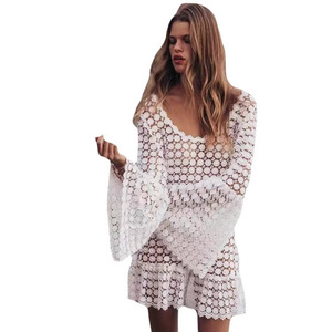Vestido de playa de encaje blanco con cuello redondo y manga larga, top de baño hueco, vestido de verano a la moda para mujer - Product Image 5