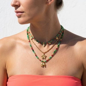 Collier unisexe de plage style bohème, multicolore, perles d'agate verte, pendentif éléphant et fleur, chaîne plaquée or 18 carats, géométrique - Product Image 3