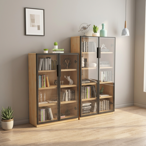 Bibliothèque moderne en bois avec portes vitrées et étagères ouvertes pour le bureau à domicile et le salon - Product Image 4
