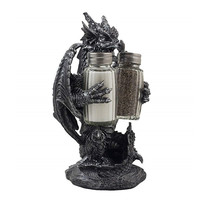 Ensemble salière et poivrière en résine lavable, fait main, motif dragon médiéval, en argent antique, avec support pour bouteilles