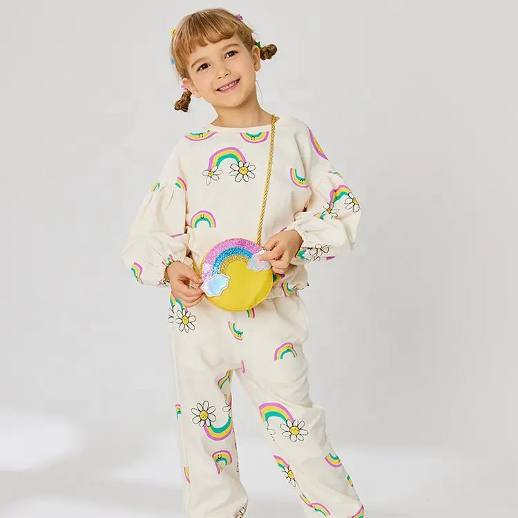 Ensemble de vêtements en coton pour enfants, Design personnalisé, décontracté, imprimé arc-en-ciel et fleur, ensemble sweat-shirt et pantalon pour enfants