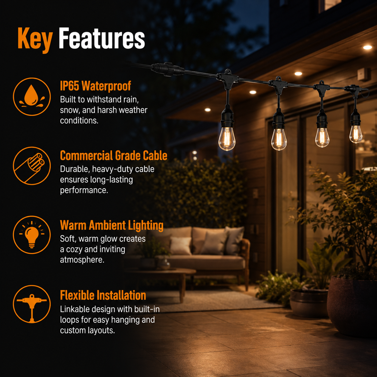 Heavy Duty IP65 Waterproof Outdoor Patio String Lights Connectable Commercial Garden Festoon Lighting OEM · image 4