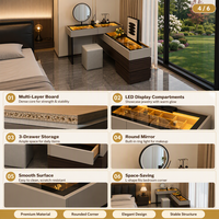 Coiffeuse moderne en chêne en forme de L avec éclairage LED, rangement multi-niveaux, miroir et 3 tiroirs pour chambre à coucher