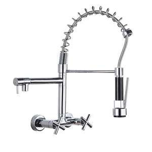 New Arrival Wall-Mount Dual Cross Handle Chrome Brass Kitchen Faucet Pull Down SprayerとRing Design Hot Cold Mixer Water Tap