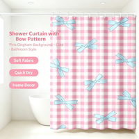 Rideau de douche en tissu imprimé nœud mignon et élégant ODM, rideau de salle de bain à séchage rapide à carreaux roses pour la décoration d'appartements et de maisons